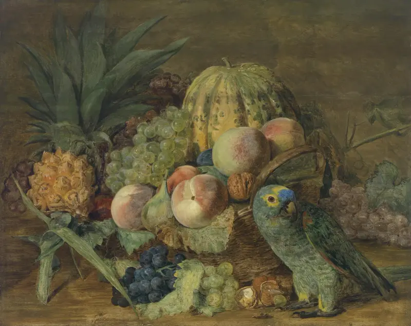 Stilleben med frukt och papegoja av Ferdinand Georg Waldmüller