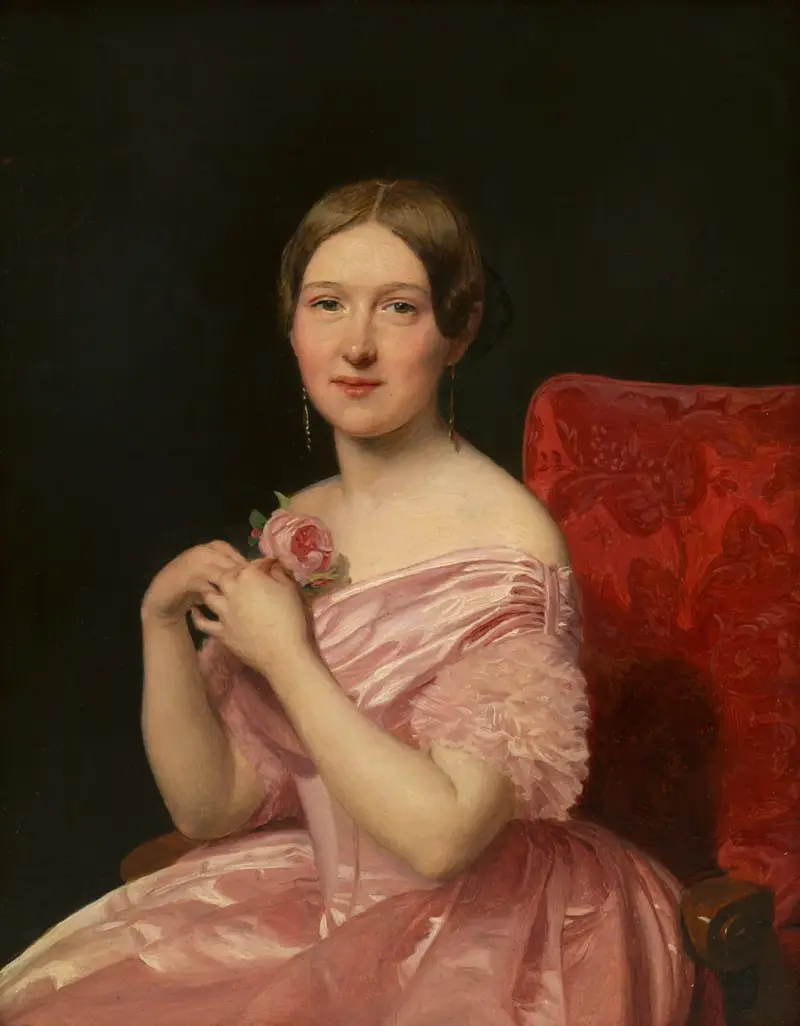 Junge Dame in rosafarbenem Atlaskleid av Ferdinand Georg Waldmüller
