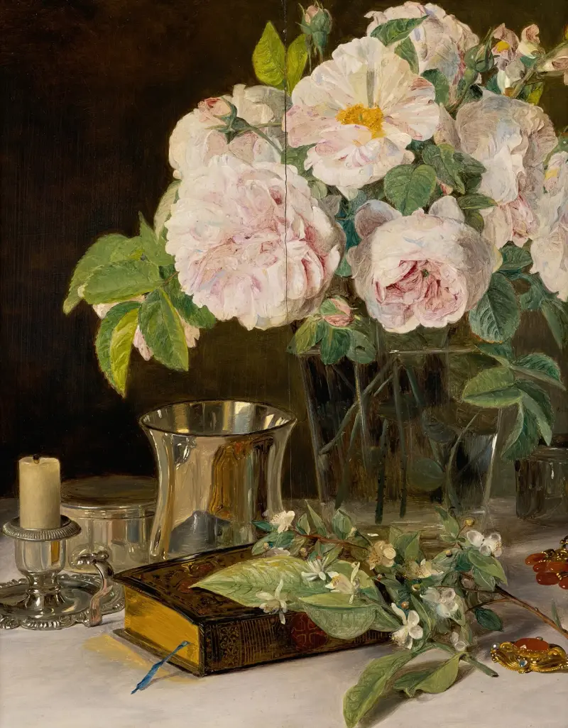 Rosor i glas: stilleben med rosor, ljushållare och silverbägare av Ferdinand Georg Waldmüller