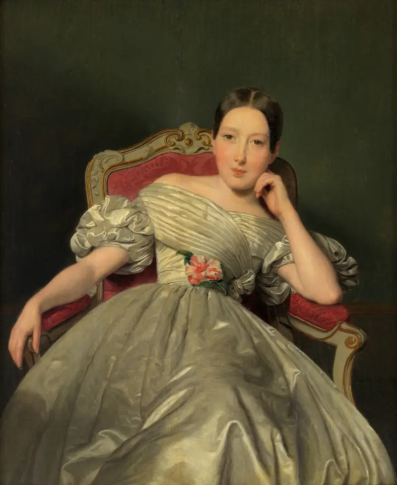 Sitzendes Mädchen in weißem Atlaskleid av Ferdinand Georg Waldmüller