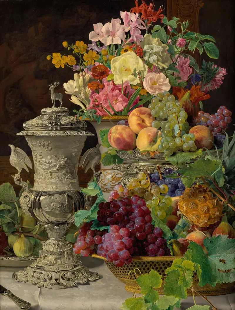 Stilleben med frukt, blommor och silverbägare av Ferdinand Georg Waldmüller