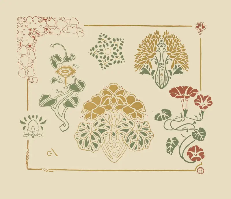 Abstrakt mönster med löv och trumpetformade blommor av George Auriol