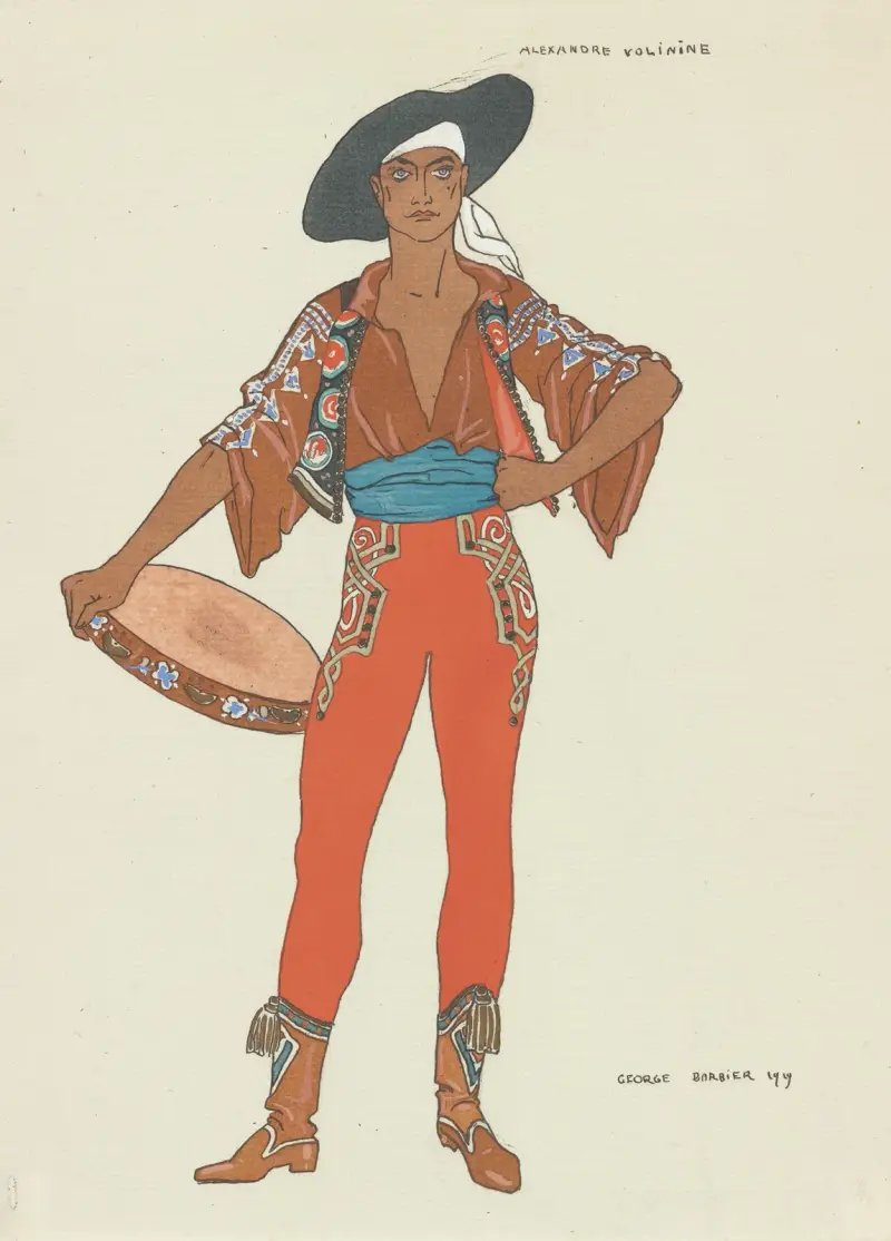 Kostymdesign för Alexandre Volinine som le Bohémien i Amarylla, balett av Glazounow av George Barbier