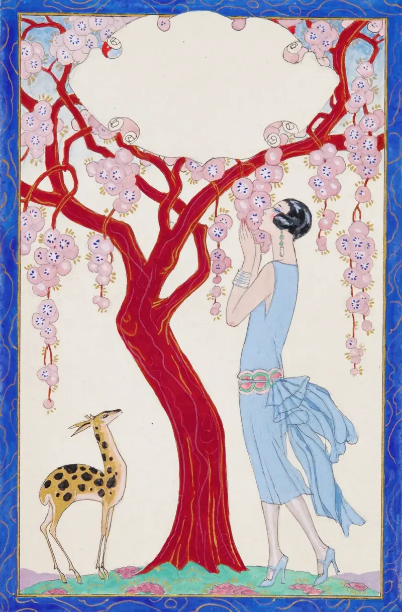 Kvinna, hjortkalv och rött träd av George Barbier