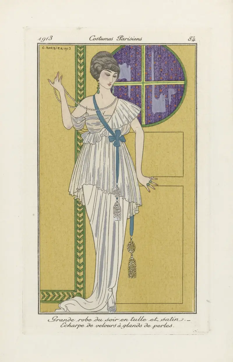 Stor aftonklänning i tyll och satin av George Barbier