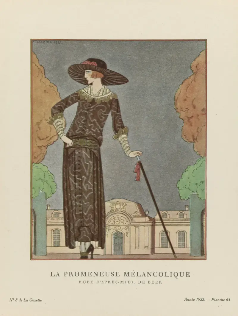 Den melankoliska promenadkvinnan, eftermiddagsklänning, de Beer av George Barbier