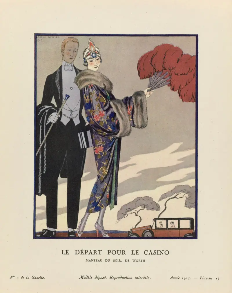 Avresa till kasinot, aftonkappa av Worth av George Barbier