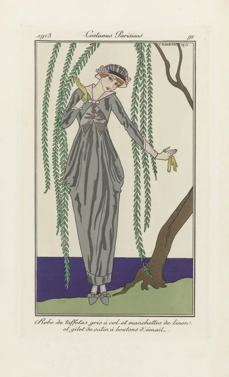 Robe de taffetas gris à col et manchettes de linon et gilet de satin à boutons d’email. av George Barbier