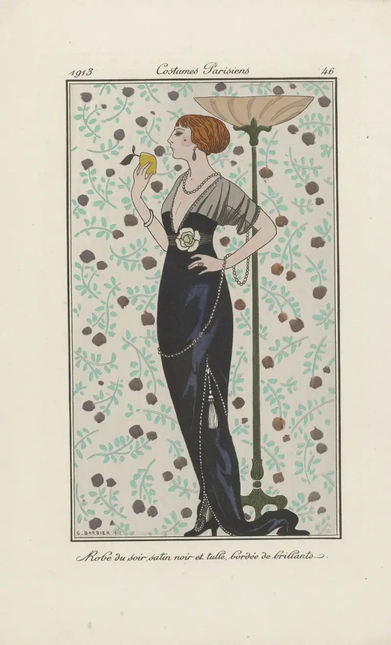 Svart sidenklänning och tyll, kantad med strass av George Barbier