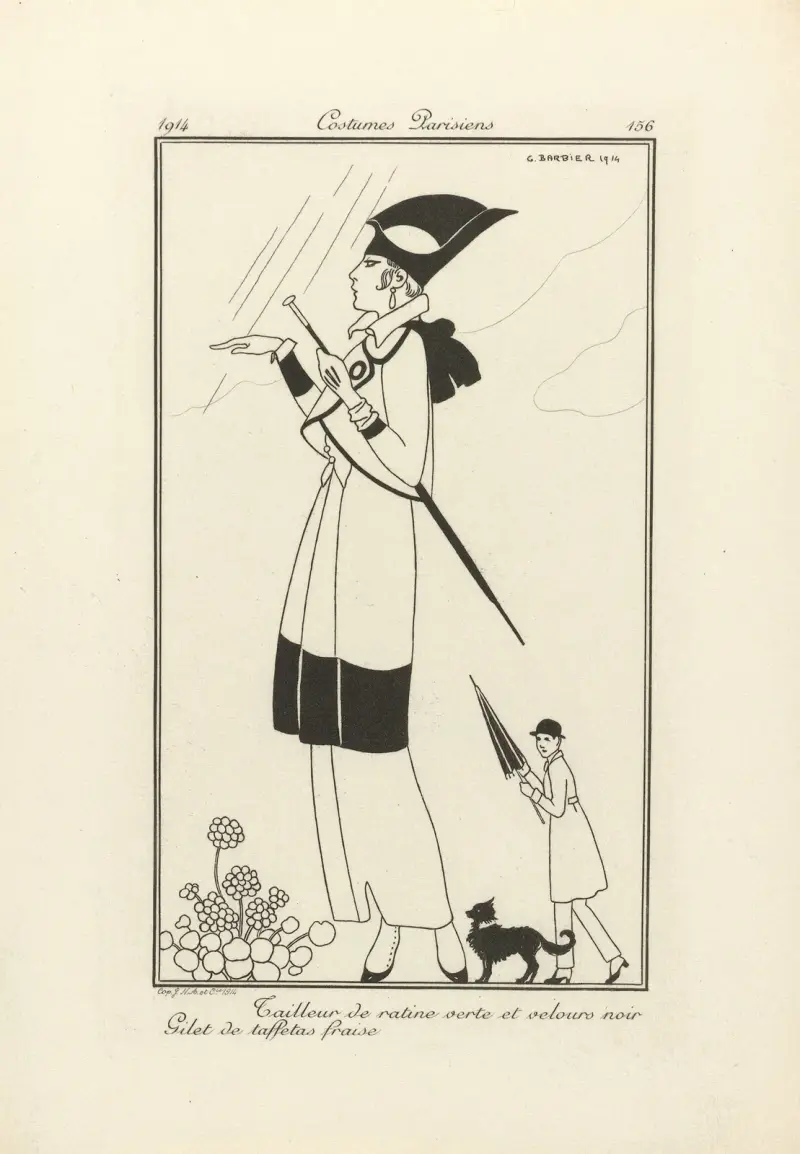 Tailleur de ratine verte et velours noir Gilet de taffetas fraise av George Barbier