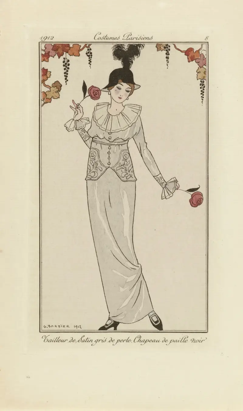 Grå satängkostym. Svart halmhatt. av George Barbier