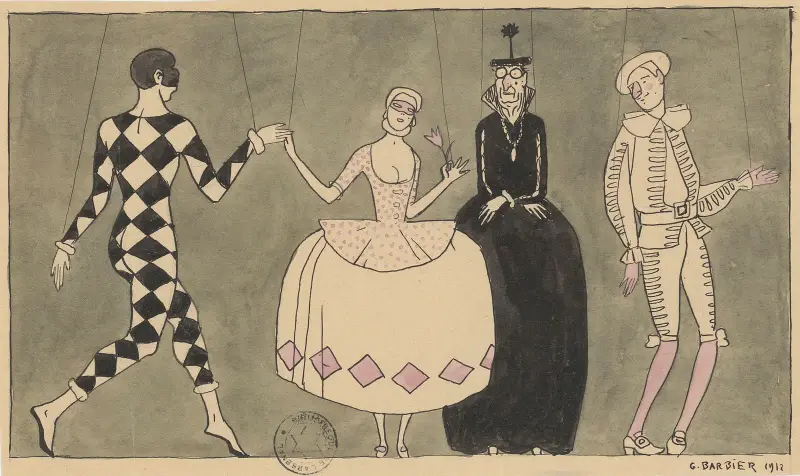Tre figurer ur Commedia dell'Arte av George Barbier