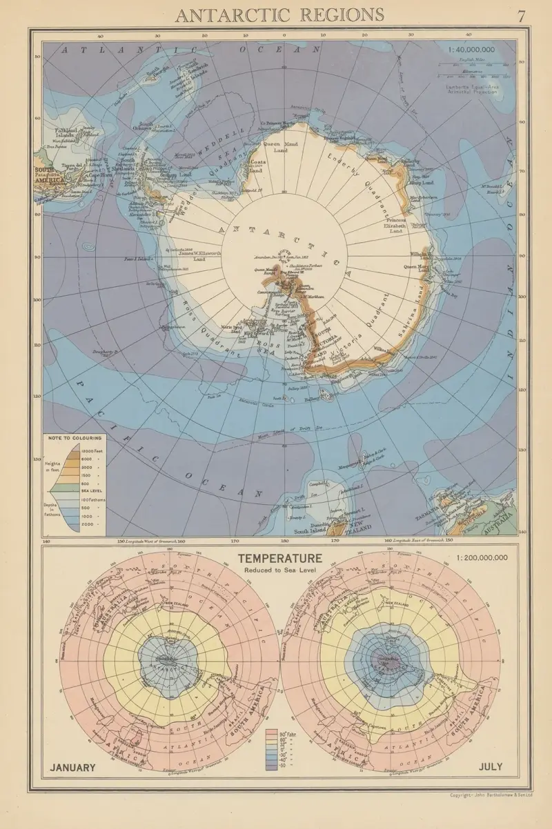 Antarktis temperaturkarta, januari och juli av John George Bartholomew