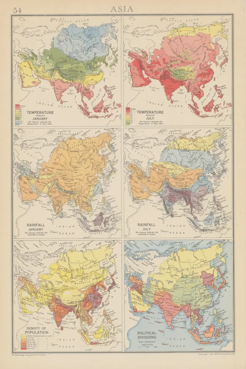 Asie: teplota a srážky, John George Bartholomew
