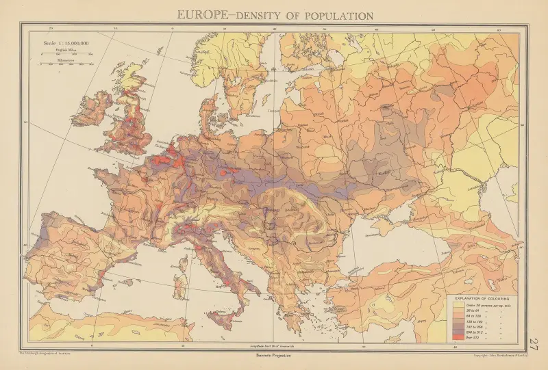Europa, befolkningstäthet av John George Bartholomew
