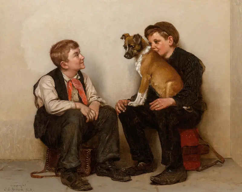 Två skoputsarpojkar med en hund av John George Brown