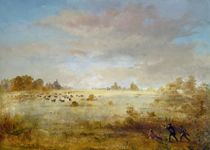Wapitihjort som betar på en höstprärie av George Catlin