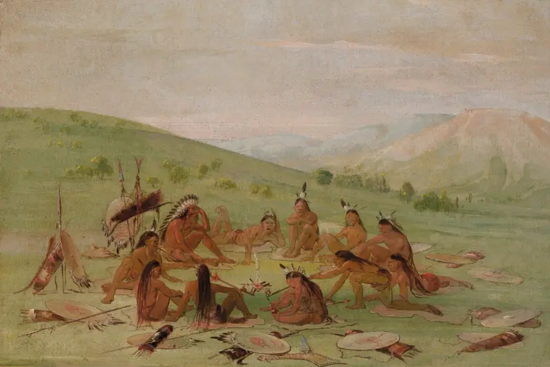 Foot War Party In Council, Mandan av George Catlin