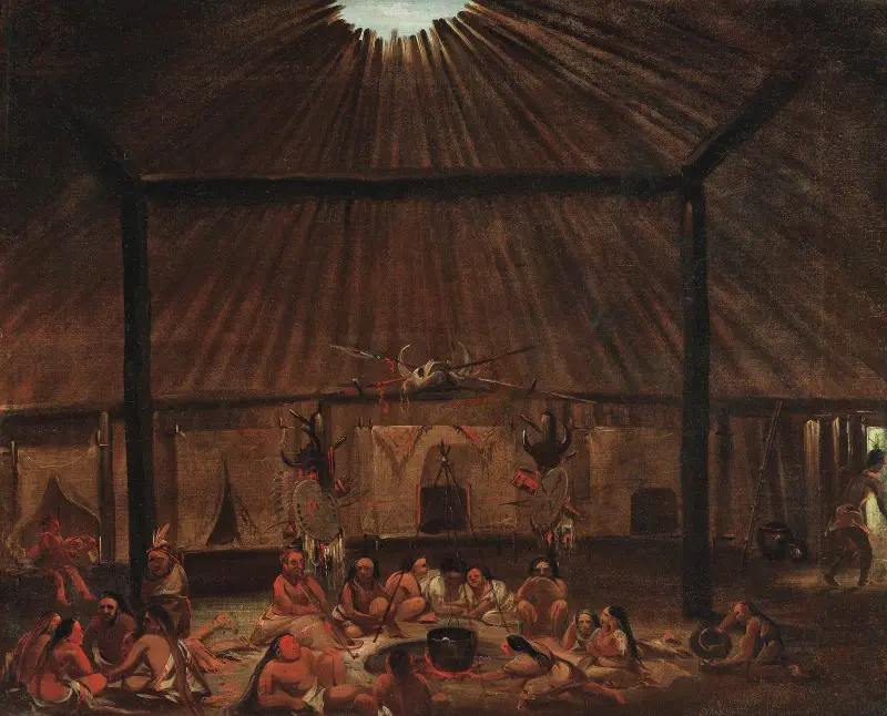 Interiör av en mandanhydda av George Catlin