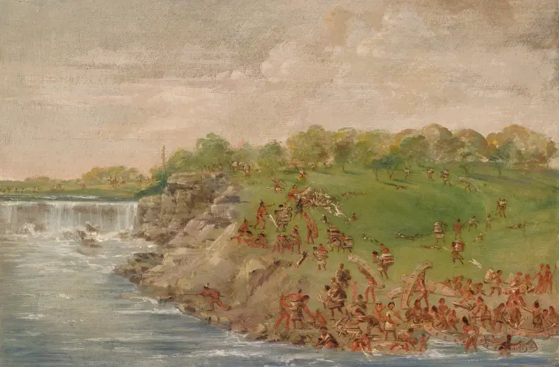 Ojibwa Portaging Around The Falls Of St. Anthony av George Catlin