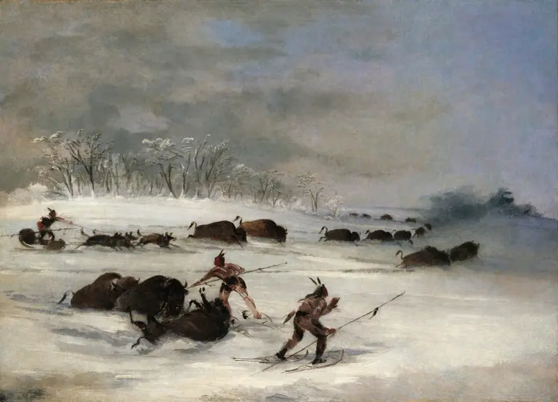 Sioux Indians On Snowshoes Lancing Buffalo av George Catlin