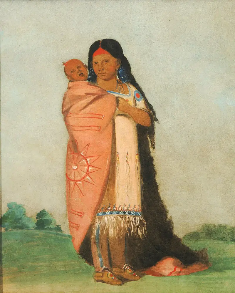 Tsee-Moúnt, Great Wonder, Carrying Her Baby In Her Robe av George Catlin