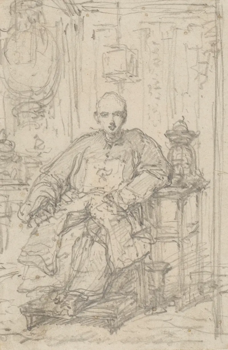A Hong merchant, seated in an interior av George Chinnery