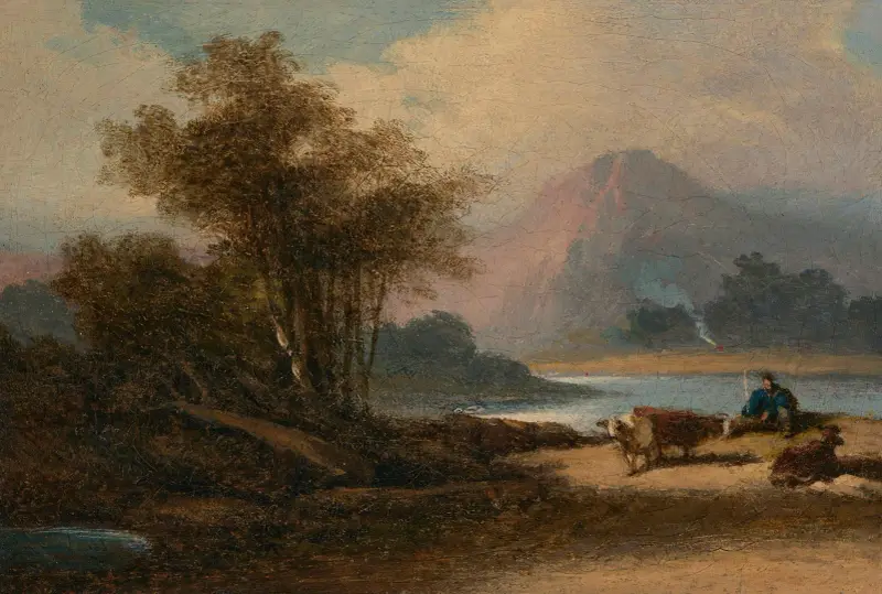 Ett landskap i Macau med en herde vid en sjö av George Chinnery