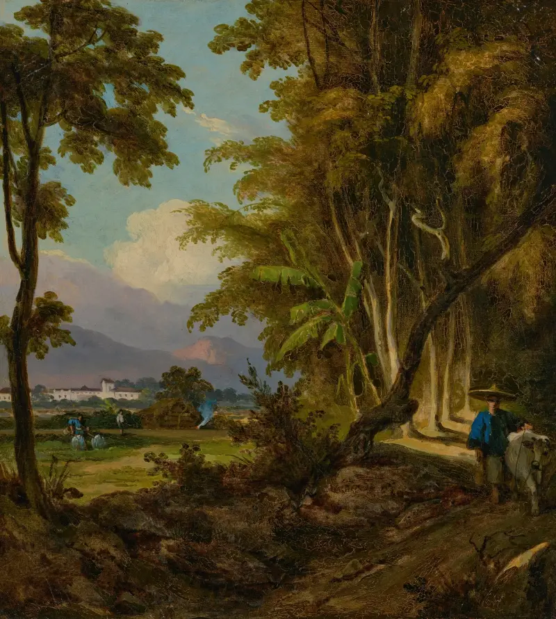 A landscape in Macau with a herdsman walking along a track av George Chinnery