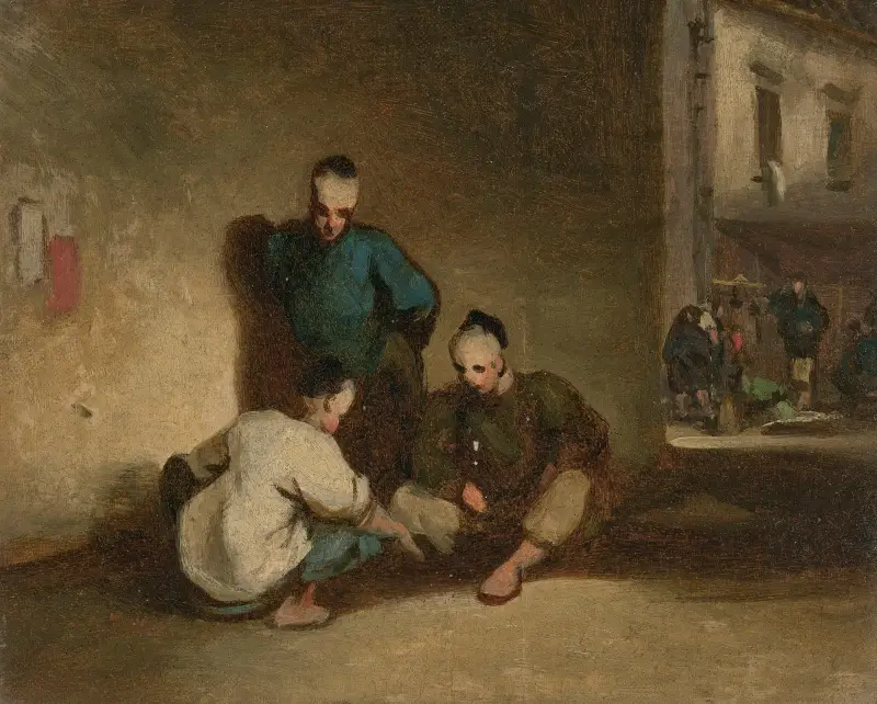Gatuscen i Macau med tre män som spelar av George Chinnery