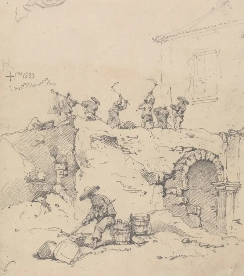 Chinese Coolies Demolishing a Building av George Chinnery