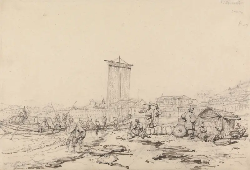 Kustscen med fiskare och byggnader, Macao av George Chinnery
