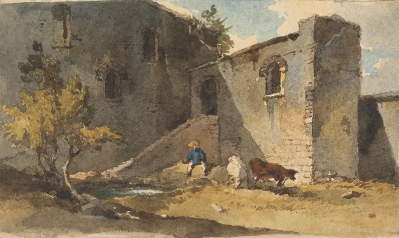 Figur med boskap som står i skuggan av en byggnad av George Chinnery