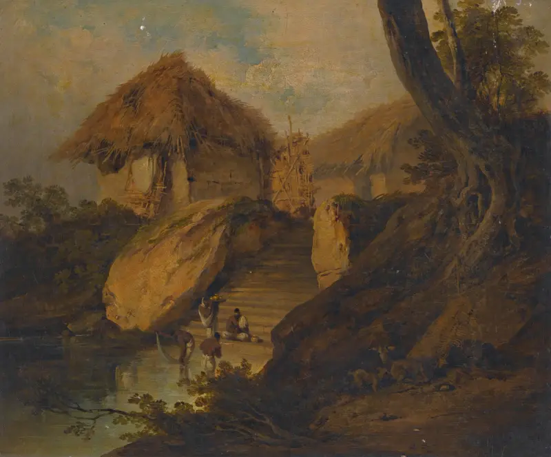 Figures Washing In A River With Thatched Huts Behind, Bengal, India av George Chinnery