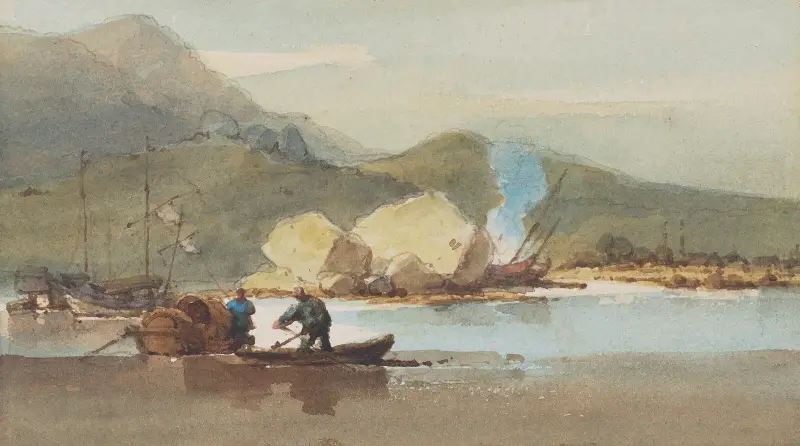 Junkar och tankabåtar i en vik, med en uppdragen junk och matlagningseld bortom av George Chinnery