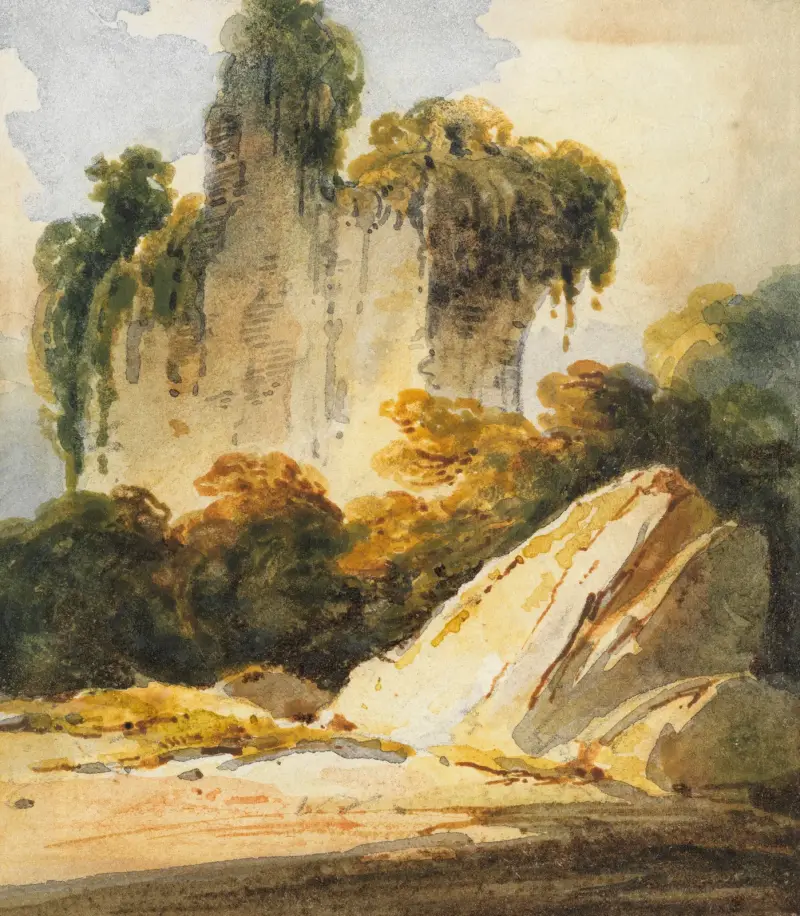 Klippor och övervuxen mur, Bengal av George Chinnery