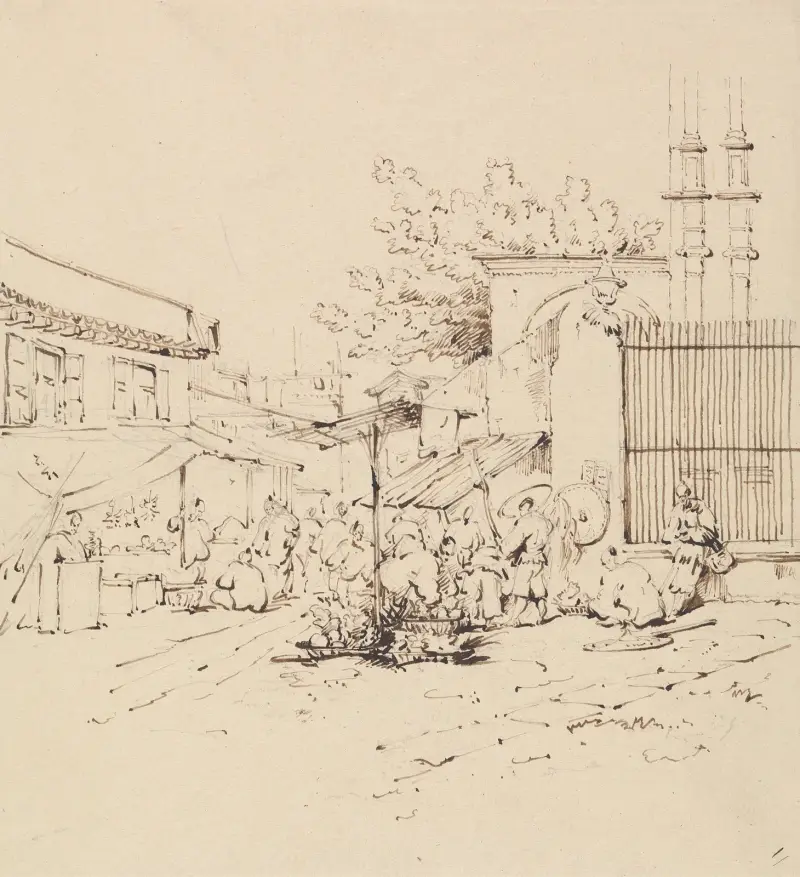 Street Scene with Merchants Selling Wares av George Chinnery