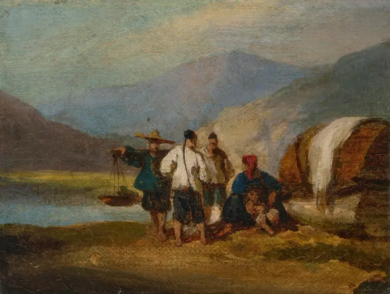 Tanka-båtfolk och en gatuförsäljare på kusten vid Macao av George Chinnery