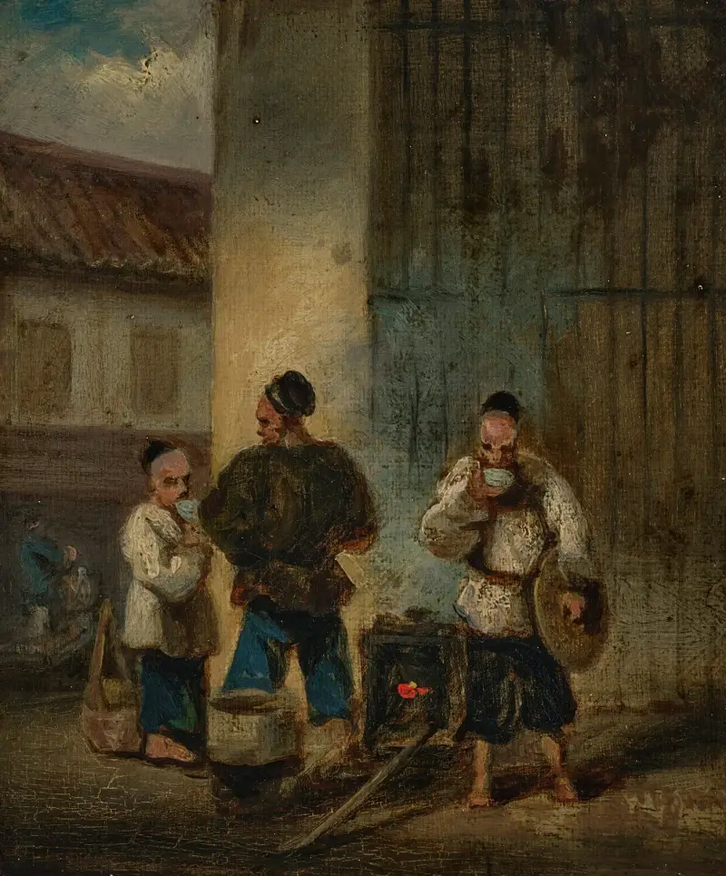 Tre män som äter soppa kring en fyrfat av George Chinnery