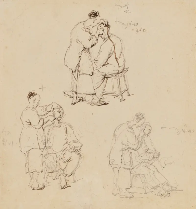Tre studier av en kinesisk barberare av George Chinnery