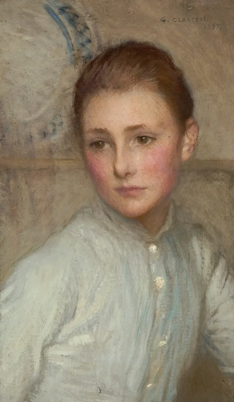 Portrait of a girl, (probably ‘The Little Maid’), 1897 av Sir George Clausen