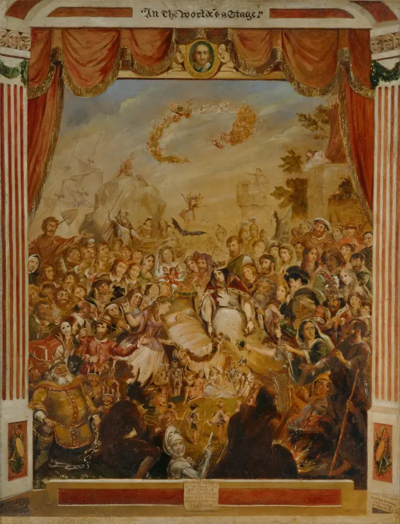 The First Appearance of William Shakespeare on the Stage of the Globe Theatre av George Cruikshank