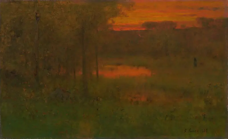 Landskap, solnedgång av George Inness