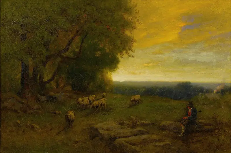 Herde och flock vid solnedgång av George Inness
