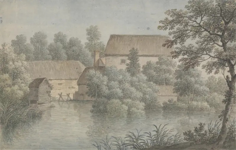 A Village Pond with Farm Buildings av George Lambert