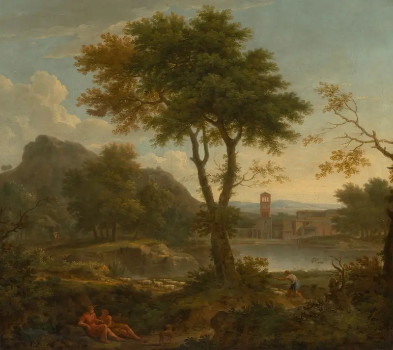 Italianate landscape with a shepherd and other figures, a lake and a monastery behind av George Lambert