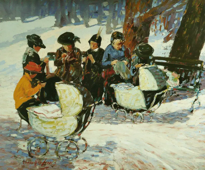 Stickning åt soldaterna; High Bridge Park av George Luks