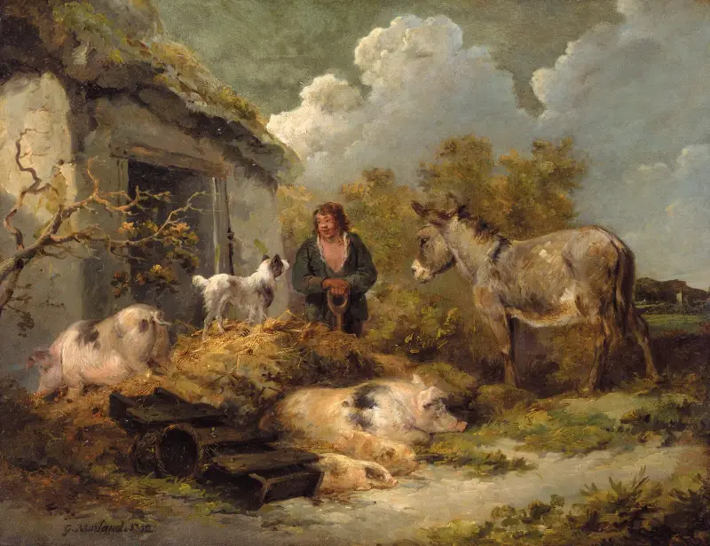 En bondpojke med åsna, grisar och en sheepdog av George Morland
