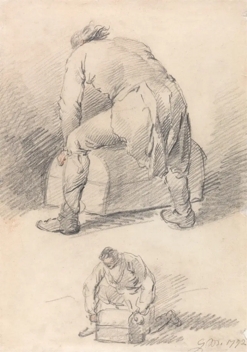 A Man Lifting a Trunk, Two studies on one sheet av George Morland
