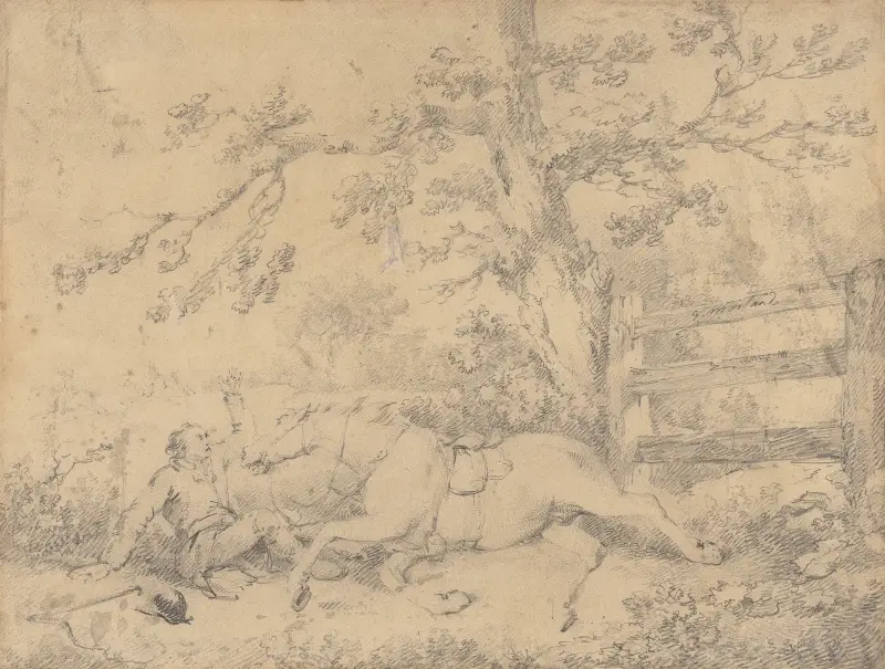 Fallen häst och ryttare, jakten försvinner åt vänster av George Morland